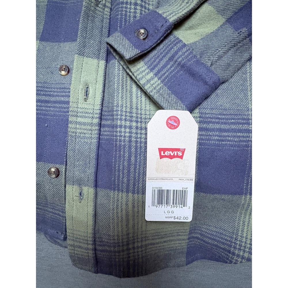 Levi's Boys Hooded Plaid Flannel Shirt Jacket NWT Size Large 12-13 Green Blue - Picture 3 of 4